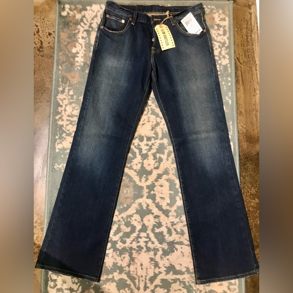 NWT Mens Lucky Brand Dungarees 32x32 Regular Slim Bootleg Dark wash Denim